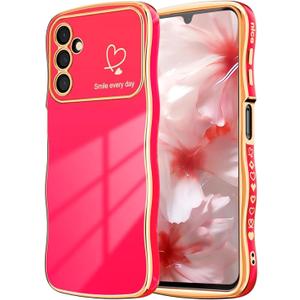 NITITOP Compatible with Samsung Galaxy S23 FE Case Cute Luxury Women Girls Men with Love Heart Electroplated Pattern Curly Wave Frame Raised Camera Shockproof Protection Cover-Rose Red