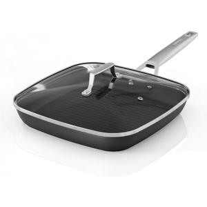 MsMk Square Grill Pan with Lid, 9.5 Inch Titanium and Ceramic Nonstick Grilling Skillet PanStay-Cool HandleCompatible with All StovetopsPFOA FreeDishwasher & Oven SafeIndoor Chicken Skille
