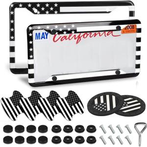 Black American Flag License Plate Frame-2 Pack Universal Aluminum Patriotic Car Tag Holder Front Rear US Flag Plate Frame Covers with Screws and Caps,2 USA Flag Coasters,4 Door Handle Sticker