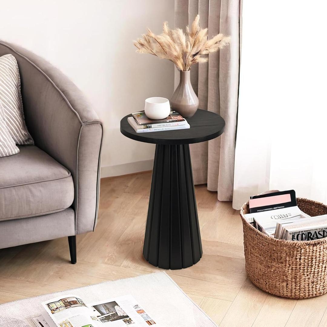 Fluted Round Wooden Drink Side Table, Small Pedestal End Table, Plant Stand for Small Space, Living Room, Bedroom, Office, Black