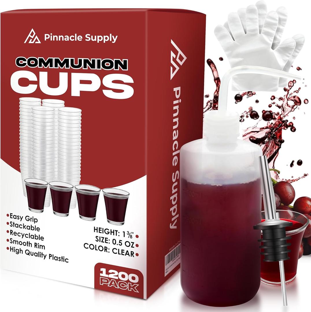 1200 Pack Communion Cups with Communion Cup Filler, Pour Spout & Food Prep Gloves - 0.5 oz Clear Plastic Cups - Disposable, Recyclable, Quality Communion Supplies - Santa Cena, Holy Communion Set