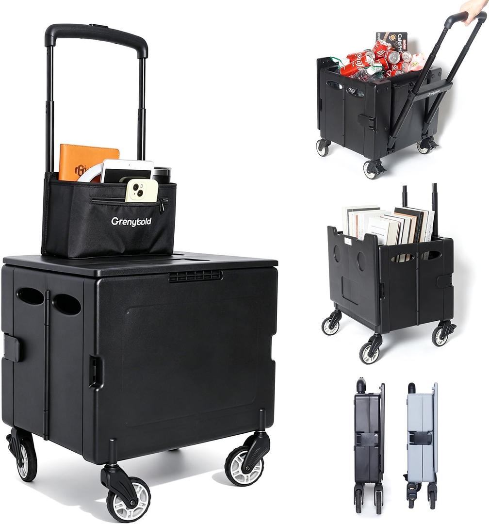 Foldable Utility Cart Portable Rolling Crate Handcart Shopping Trolley Collapsible Rolling Crate cart Tool Box, with Lid, Pull carts on Wheels, for Grocery, Shopping, Office, Teacher