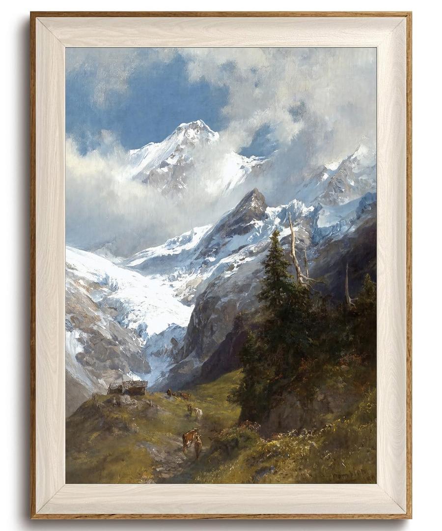 Framed Mountain Wall Art Prints Snow Landscape Vintage Wall Decor 16x24in
