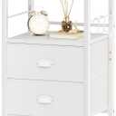 Furologee Nightstand Bedside Table with 2 Fabric Drawers, White Side Table with 2-Tier Shelf, Night Stand with Hooks, for Bedroom, Living Room, Backboard Design, Wooden Top, Metal Frame, White