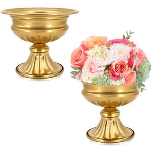 Gold Compote Vases for Centerpieces: Wedding Flower Vase for Tables 6.5 Inch Small Metal Urn Pedestal Bowl for Party Anniversary Event Home Decor Set of 2