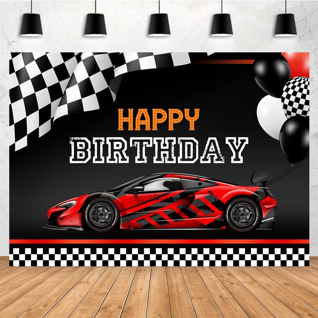 Aperturee Racing Car Happy Birthday Backdrop for Photography 7x5ft Cool Red Car Photo Background Balloons Flags Backgrounds Boy Kid Nursery Toddler Party Decorations Banner Supplies Photo Booth Props