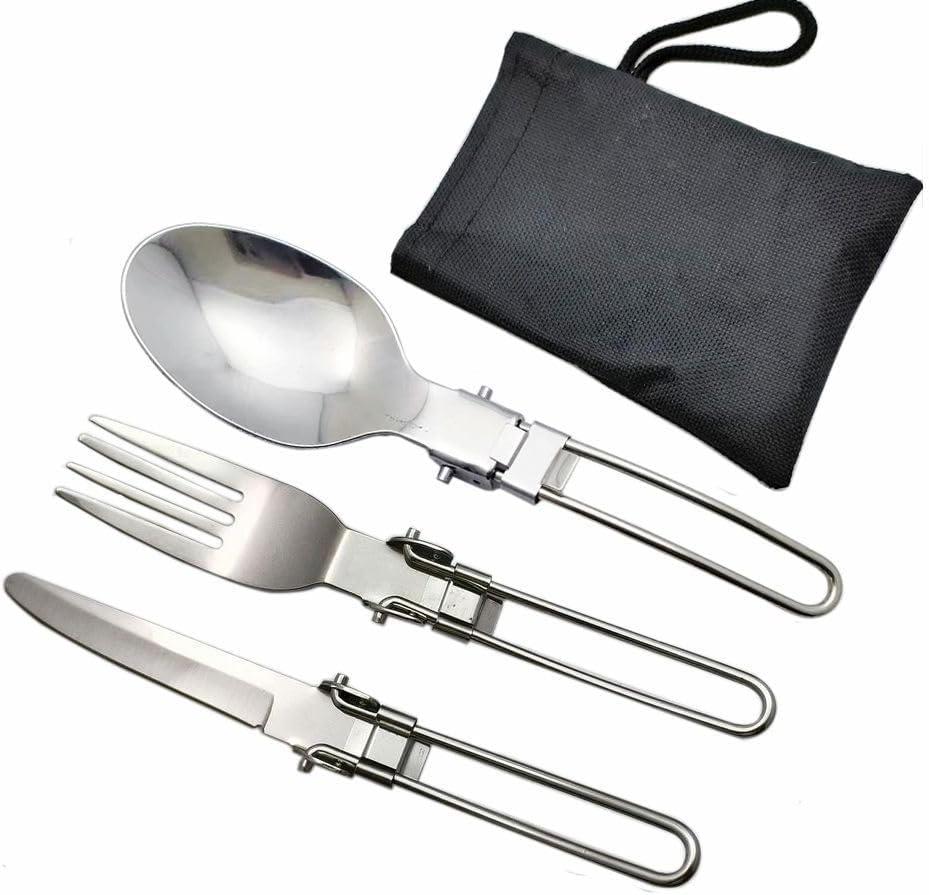 4 x 1 Pcs Folding Spoon &1Pcs Foldable Forks & 1Pcs Folding Knife for Thermos Funtainer 10oz Food Jars, Portable Replacement Stainless Steel Spoons Forks for Travel Camping Picnic Outdoor Activities