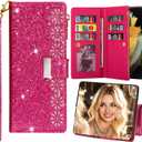 for Samsung Galaxy Z Fold 7 Bling Wallet Phone Case, Glitter Flip Leather Cover with Zipper Card Slots Holder Kickstand & Wrist Strap for Women Girls Galaxy Z Fold 7 - CSF Rose Red