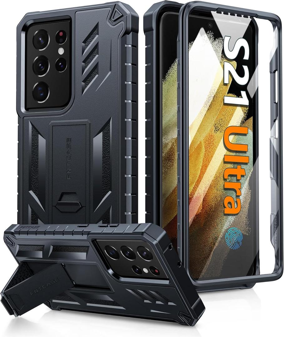 FNTCASE for Samsung Galaxy S21-Ultra Case: Military Grade Rugged Cell Phone Cover with Kickstand | Shockproof TPU Protection Bumper Matte Textured Design for Samsung S21 Ultra Cases 6.8 inches (Black)
