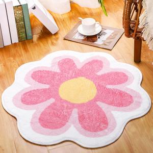 Tinideya Aesthetic Cute Flower Round Area Rug Non Slip Circle Soft Fluffy Flower Rug Indoor Floor Mat Carpet for Girls Bedroom Bathroom Living Room Sofa Nursery Decor(Pink, 2 ft) (Multi Color)