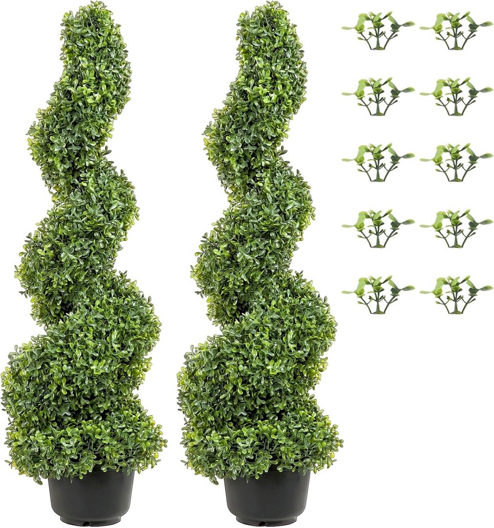 VEVOR Artificial Boxwood Spiral Topiary Trees, 4ft Tall (2 Pieces) Faux Plant Outdoor, All-Year Green Fake Plant with Replaceable Leaves for Decorative/Indoor/Porch/Garden (1ft 3in)