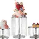 3 Pcs Silver Cake Stand with Crystal Pendants, Metal Cake Stand for Dessert Table, Round Base Cake Display Stand for Wedding, Birthday Party, Home Decor