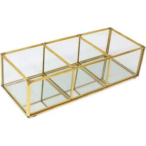 Vintage Golden Glass Lidded Box Clear Glass & Brass Metal Storage Jewelry and Cosmetic Makeup Organizer with Lid Beauty Display, Rectangle with 3 Compartment