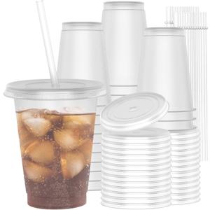 16 oz Plastic Cups With Lids and Straws, Sturdy & Food-Safe Iced Coffee Cups With Lid, Plastic Tumbler Reusable, Drinking Cups for Cold Drinks, Milkshakes, Smoothies - Clear(30 Sets)