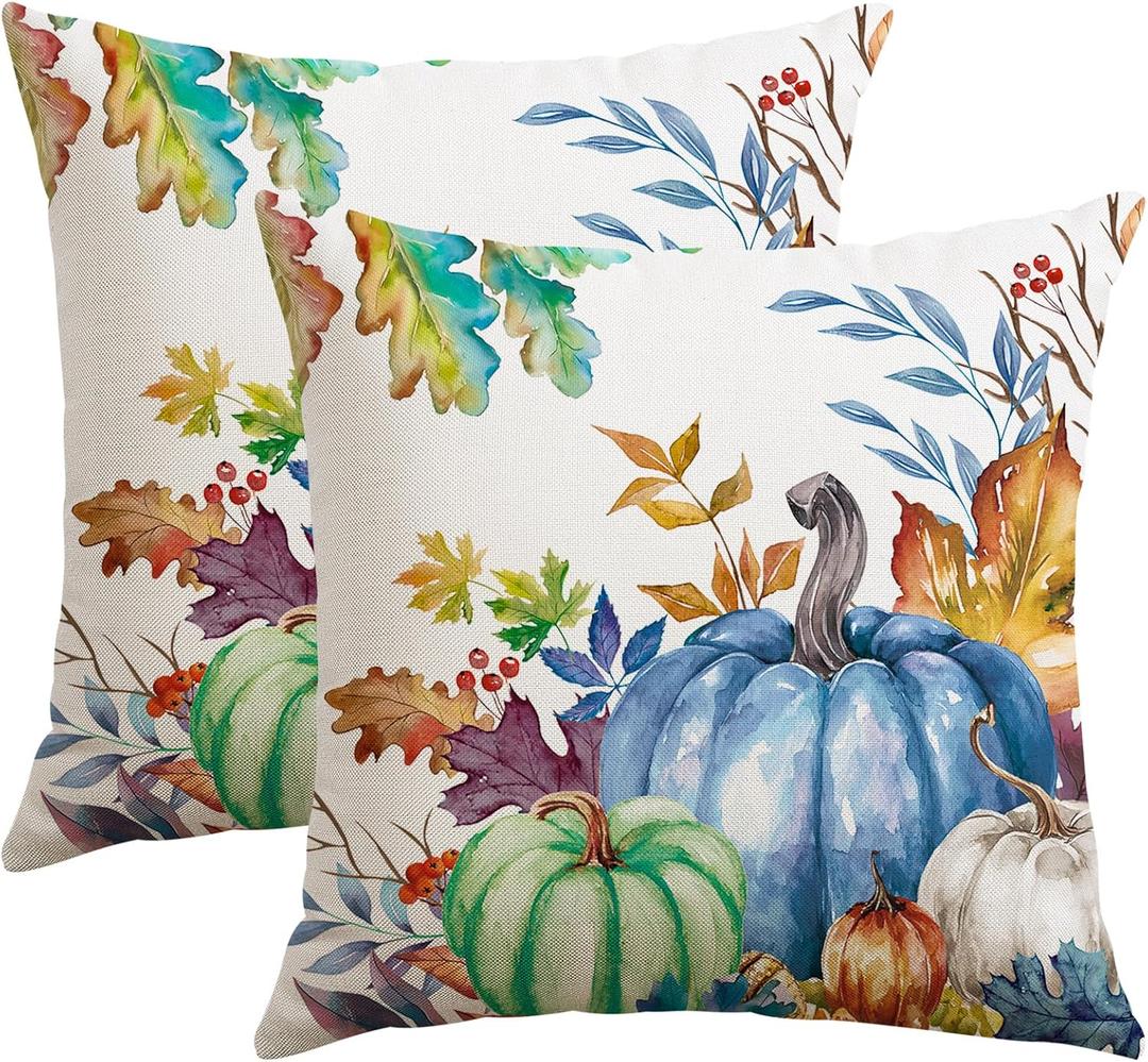 Artscope Fall Decorative Throw Pillow Covers 18x18 Inch Set of 2, Watercolor Pumpkin Fallen Leaves Outdoor Farmhouse Pillow Cases for Home Sofa Couch-Blue