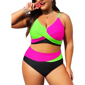 Tempt Me Plus Size Two Piece Swimsuit - Women High Waisted Bikini Set Tummy Control Bathing Suits (Green Pink Black, 14 Plus)