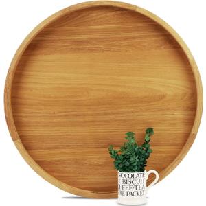 24 Inches Extra Large Round Teak Wood Ottoman Tray with Handles, Serve Tea, Coffee Classic 2 Feet Wooden Decorative Serving Tray