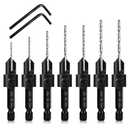 7 Pcs M2 Countersink Drill Bit Set, 3in1 Wood Pilot Countersink Drill Bits for #4#6#8#10#12 Screws Holes, with Adjustable Depth Stop,Quick Release Hex Shank, 2-Allen Wrench (7 Pcs Wood Countersink Bit)