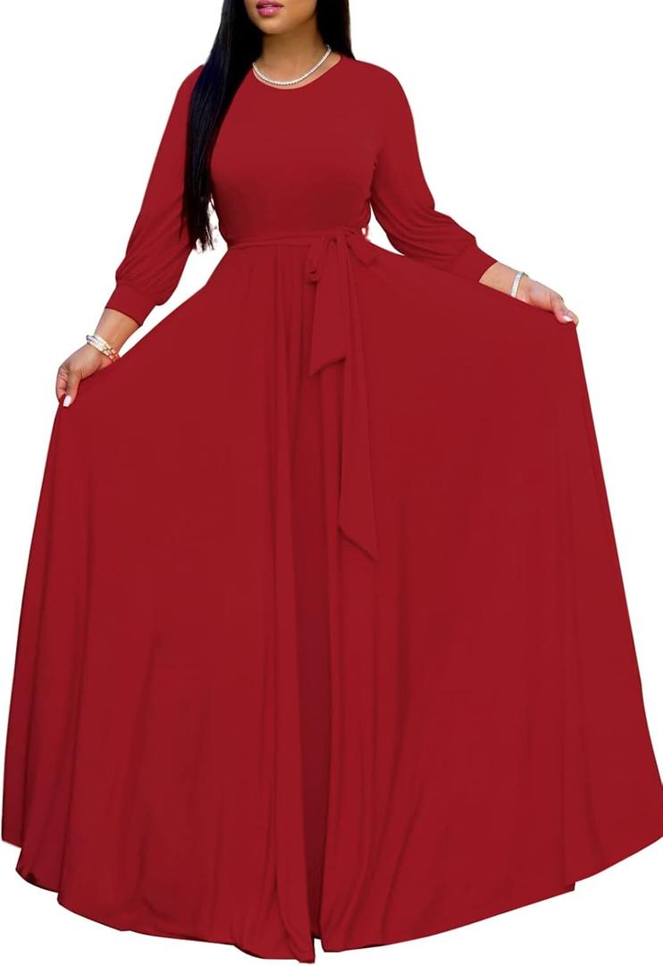 Women 2024 Spring Casual Waist Tie Solid Wrap Maxi Dress with 3/4 Sleeve Crewneck for Evening Club Nightclub Red Medium