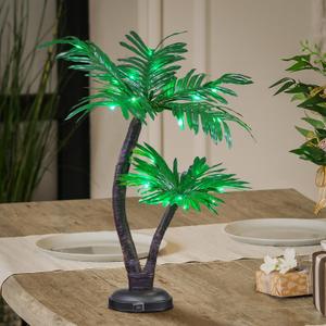 LIGHTSHARE 24Inch Twins Palm Tree Bonsai 25LED Lights, Green Light, Battery Powered or Plug-in Adapter (Included), Built-in Timer