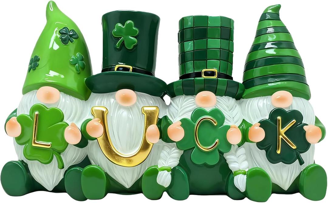 St. Patrick's Day Decor 4-in-1 Irish Gnomes Figurines 3.5'' H - Resin Green Lucky Shamrock Saint Leprechaun for Home Office Table Tier Tray Decoration