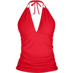 Yonique Women's Halter Tankini Top No Bottom V Neck Swim Top Tummy Control Bathing Suit Top (Large, Chili Red)