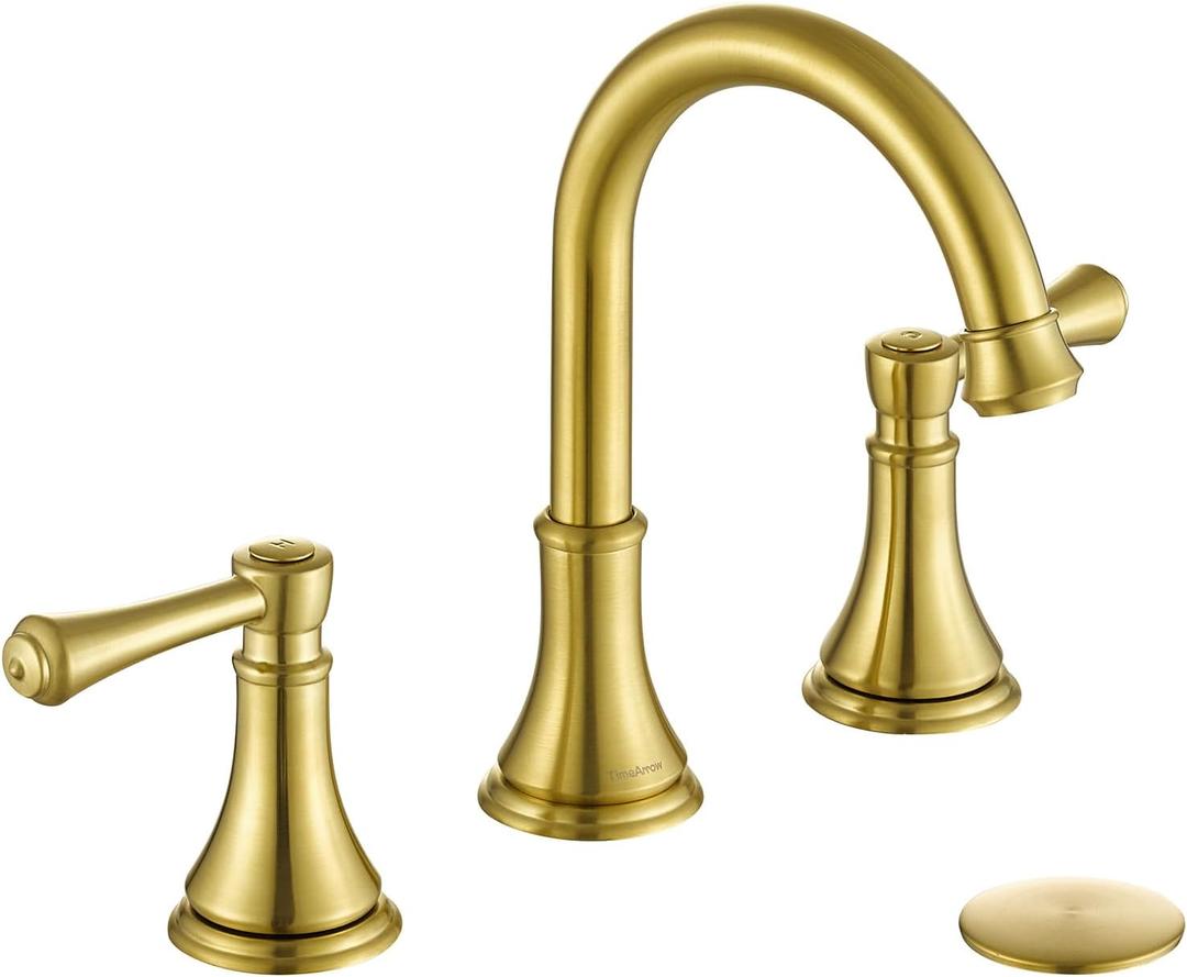 TimeArrow Brushed Gold 8 inch Widespread Bathroom Sink Faucet 3 Holes with Pop-Up Drain, 2 Handle Modern Bathroom/Vanity/Lavatory Faucet with Brass 360 Swivel Spout, TAF830Y-PB