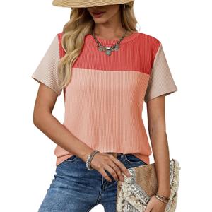 Dokotoo Womens Summer Tops 2026 Casual Color Block Womens T Shirts Loose Fit Crewneck Knitted Tops Trendy (M)