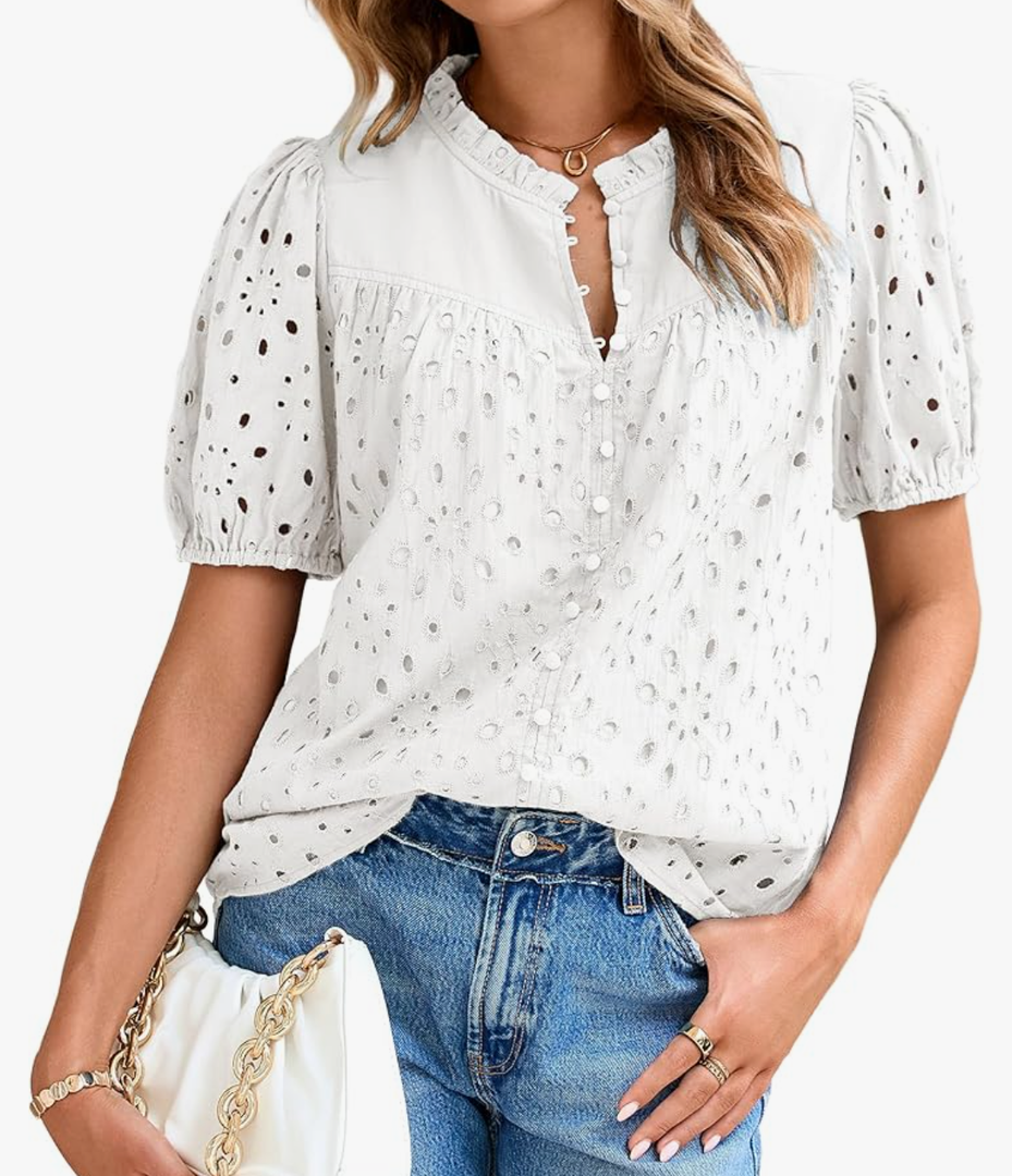 Glamaker Womens Summer Tops Blouse 2025 Casual Eyelet Embroidered Short Puff Sleeve Lace Hollow Out Button Dressy Shirts Size S Glamaker Womens Summer Tops Blouse 2025 Casual Eyelet Embroidered Short Puff Sleeve Lace Hollow Out Button Dressy Shirts Size S