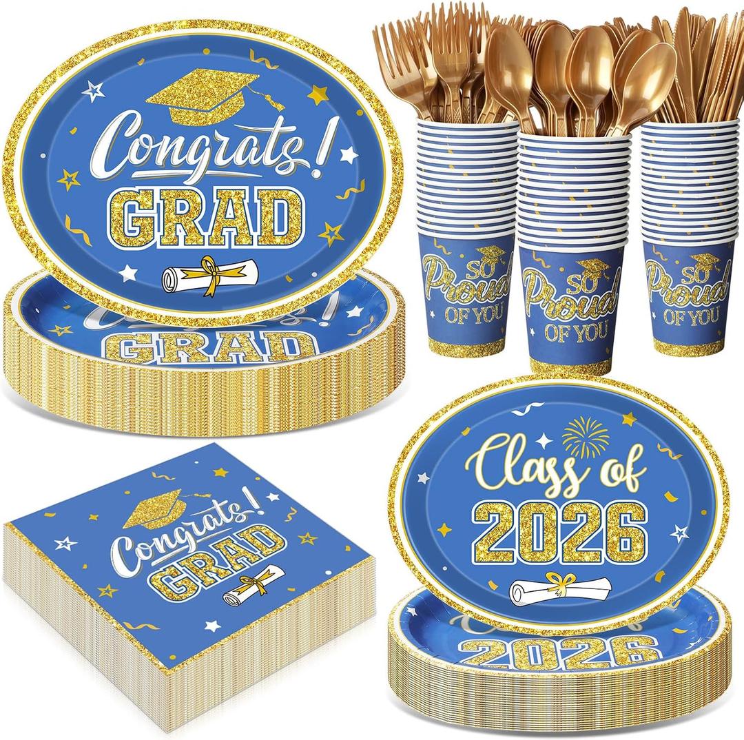 Pajean 350 Pcs Blue and Gold Graduation Decorations Class of 2026 Disposable 12 inch Oval Plates Napkins Heavy Duty Paper Oval Tableware Set for 50 Guests College High School Grad Party Supplies