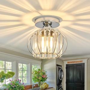 YYJLX Modern Semi Flush Mount Ceiling Light Fixture E26 Mini Crystal Chandelier Chrome Small Ceiling Lamp for Entryway Bedroom Bathroom Hallway Closet Foyer Silver