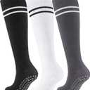 Cotton Compression Socks Women&Men with Grips Non Slip 15-20mmHg Knee High Graduated Sock for Nurse, Pregnancy, Yoga (Large-X-Large, 02-3 Pairs-black White Gray)