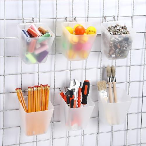 LOYIM 6 Pack Large Gridwall Cups Gridwall Storage Bin with Hooks Hanging Baskets Square Box Shape Hanging Cup Holder Gridwall Accessories for Garage Workbench Office Playroom Home Kitchen (Clear)