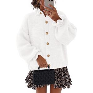MEROKEETY Women's Fall 2026 Chunky Cardigan Sweaters Trendy Ruffle Button Down Long Sleeve Casual Knit Coat Winter Clothes (White, XL)