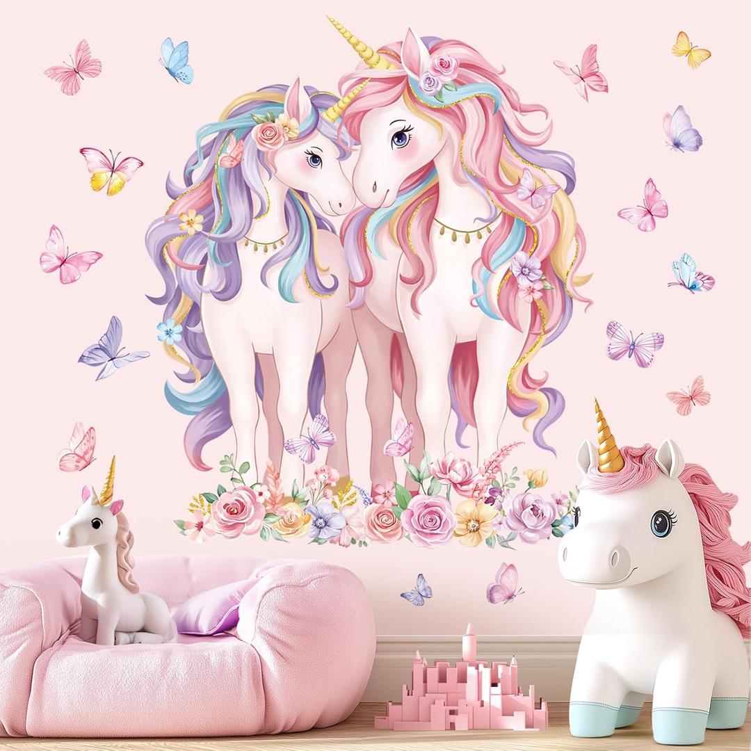 decalmile 2 Large Size Unicorn Wall Decals Unicorn Flower Butterfly Wall Stickers Baby Nursery Kids Room Girls Bedroom Wall Decor