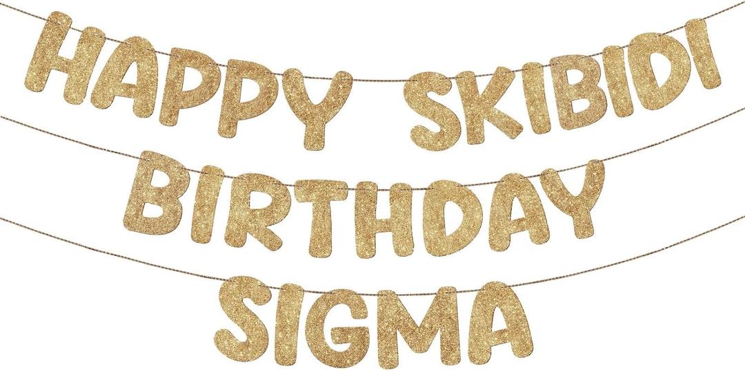 Fulmoon Pre Strung Happy Skibidi Birthday Sigma Banner Glitter Funny Zoomer Gen Z Slang Birthday Party Supplies Gen Z Slag Party Decorations Sign Gift(Champagne Gold)