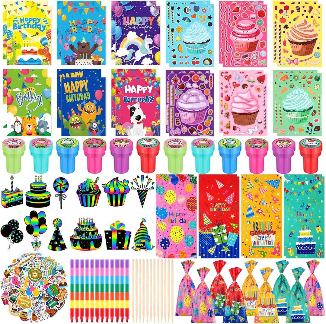 12 Set Happy Birthday Classroom Gifts Return Gifts for Birthday Party Goodie Bags for School Coloring Books Stickers Stampers Crayons Back to School Classroom Rewards Prizes
