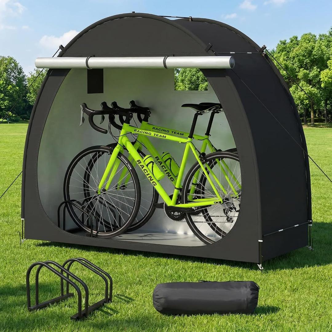 Bike Storage Shed, Bike Tent with Windproof Ropes Bicycle Storage Sheds with Bicycle Racks 210D Oxford 1000ppm Waterproof for 2/3 Bikes, Covers Shelter for Motorcycle, Garden Tools