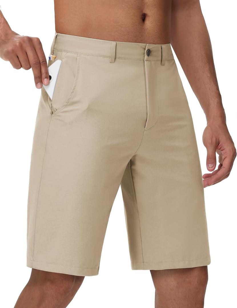 JWM Mens Golf Shorts 8"/11" Inseam with Zip Pocket Flat Front Dress Short | Stretch Lightweight Quick Dry Hybrid Casual Work Hiking Fishing Performance Comfy Chino Shorts for Men Summer with Drawstring (Beige, S)