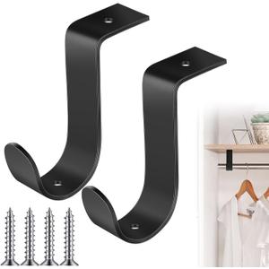 Hicarer 2 Pcs 1.38 Inch Closet Rod Brackets Heavy Duty Metal Wall Mount Rod Brackets with Screws Closet Pole Support for Living Room Bedroom Shelf Office(Black)