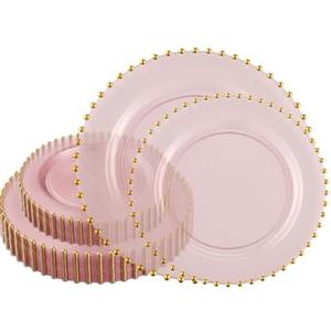 PLASTICPRO 64 Piece Combo Plastic Dinner Plates Disposable Plastic Fancy Heavy Duty Party Dishes 7 inch and 10 inch, Black and Gold Beaded
