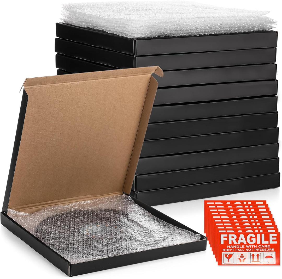Janlaugh 10 Sets Vinyl Record Mailers 12.8x12.8 x 1.1"shipping Boxes Simple Fold Corrugated Cardboard Box with Fragile Stickers and Bubble Bags for Packing Shipping Moving Storage Mailing (Black)