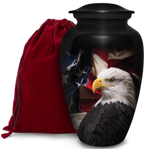 Honorary Memorials Patriotic Hearts Eagle Urn for Human Ashes | American Flag Cremation Urn for Adults, Veteran, Medium Size, Handmade Funeral Urns with Velvet Bag