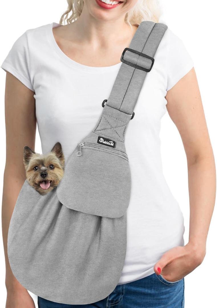 SlowTon Dog Carrier Sling - Thick Padded Adjustable Shoulder Strap Dog Carriers for Small Dogs, Puppy Carrier Purse for Pet Cat with Front Zipper Pocket Safety Belt Machine Washable (Light Gray, M)