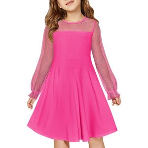 Haloumoning Girls Contrast Mesh Long Sleeve High Waist A Line Short Dress with Pockets 10-12 Years
