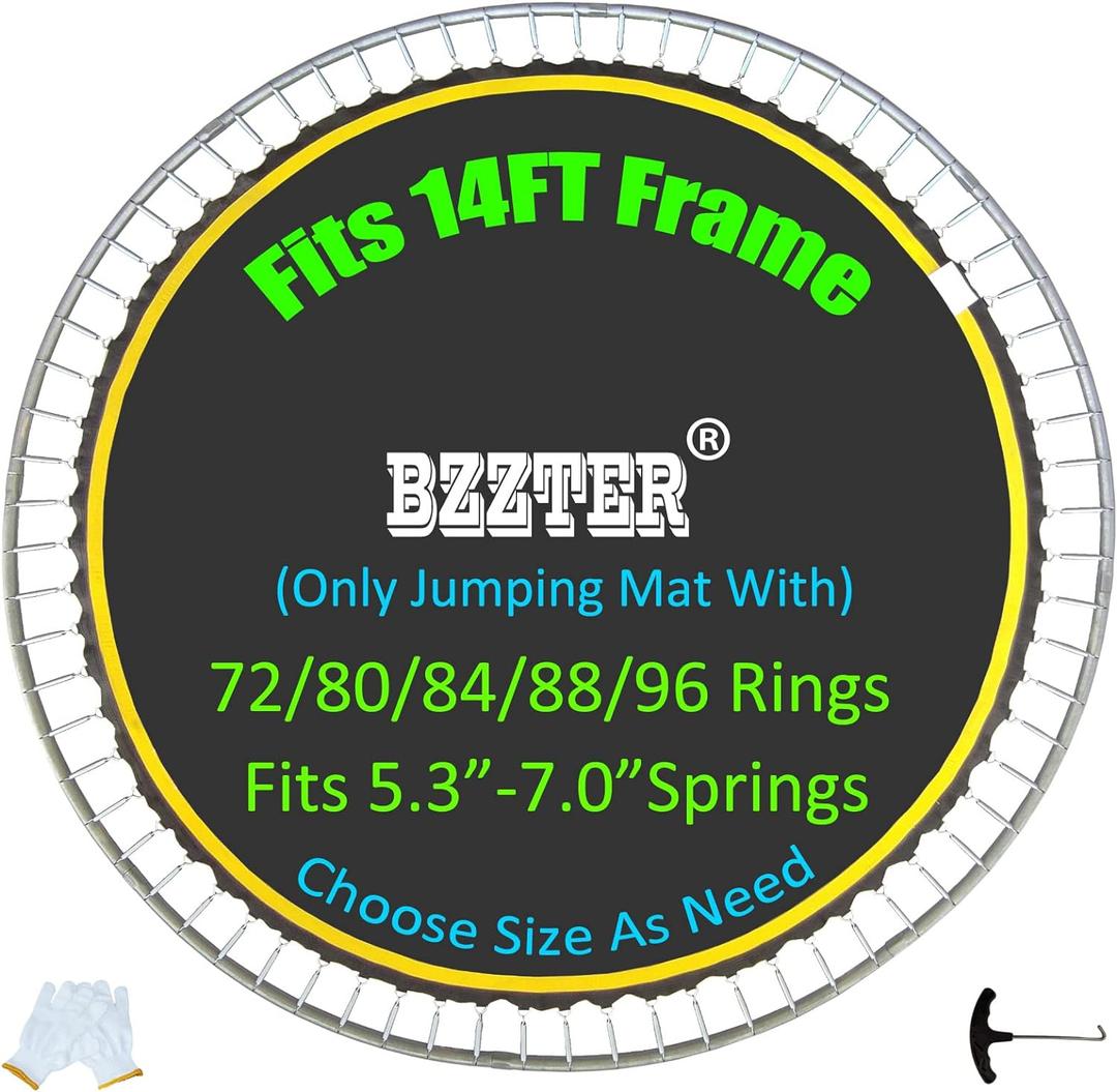 Trampoline Replacement Mat,Fits 14ft Round Frame,with 72 80 84 88 96 Rings for Choose,Fits 5.3-7 Inch Springs,10 Rows of Stitching,w/Pull Hook and Gloves,14ft Trampoline Mat