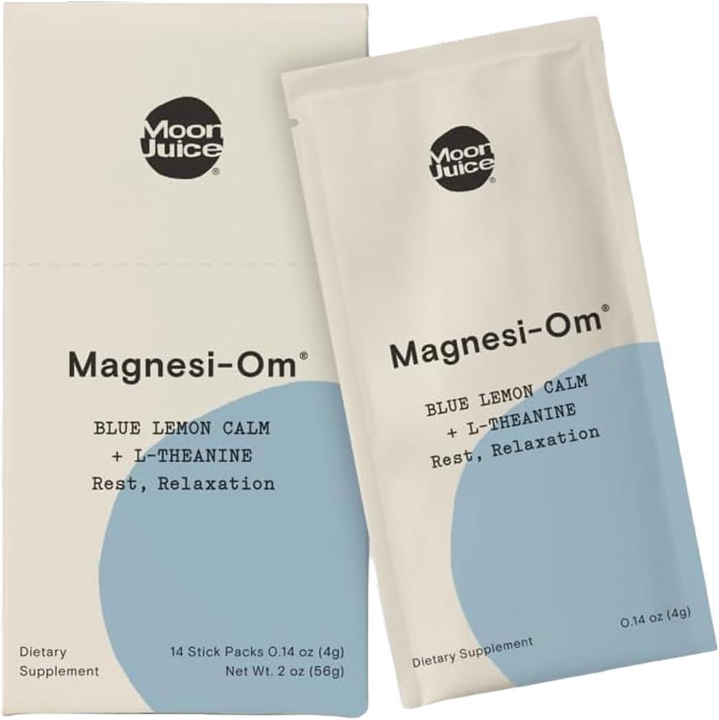 Moon Juice - Magnesi-Om, Blue Lemon - Sticks (18 Servings) - Support Brain Health, Rest - Magnesium Powder - L-Theanine - Regularity - Compostable - 100% Traceable - Vegan, Non GMO - 0.14oz