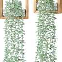 2 Pack Fake Plants Hanging, Artificial Eucalyptus Vines in Square Wooden Frame with LED Lights, Boho Wall Decor for Office Living Room Bathroom Bedroom Kitchen, 7.8 inch, Burnt Wood