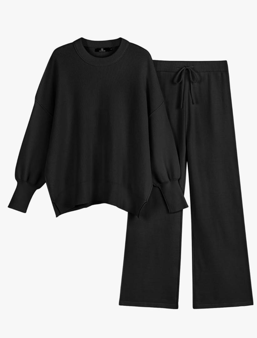 LILLUSORY Women 2 Piece Outfits Sweatsuit Oversized Knit Pullover Sweater Tops Wide Leg Pants Lounge Set, XL