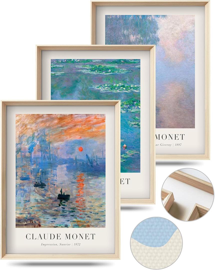 Framed Claude Monet Water Lilies Canvas Wall Art,Vintage Impressionist Botanical Painting,16x12IN High Framed Design Prints,Minimalist Classic Decor Aesthetic for Living Room,Bedroom,Bathroom Set of 3 (16L" x 12W")